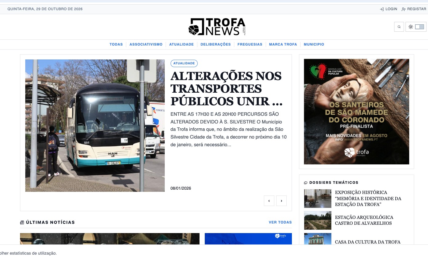 Captura real do TrofaNews apresentada no ecrã de um computador
